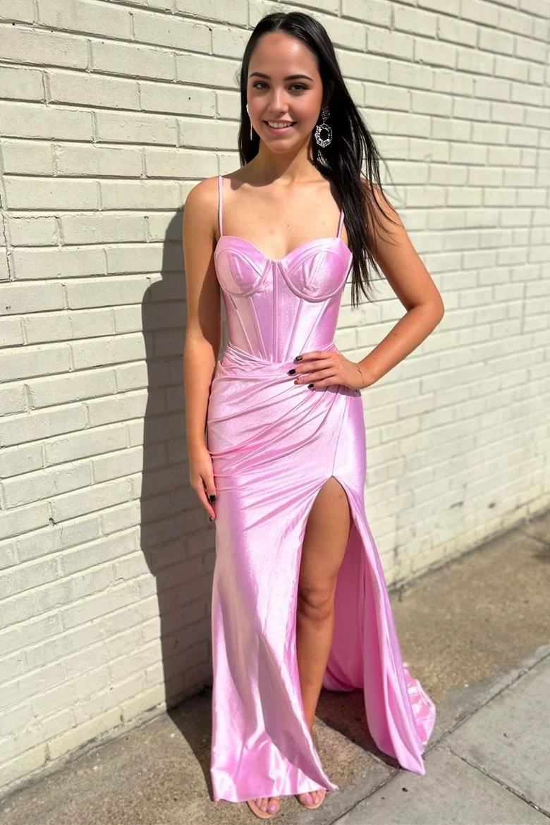 Mermaid Corset Spaghetti Strap Pink Long formal dresses Bridesmaid Dresses evening gown Prom Dress with Slit