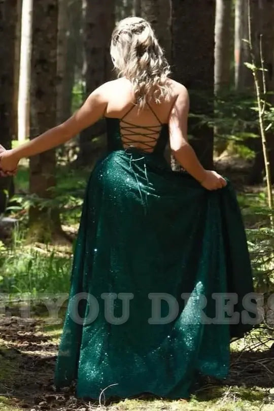 plus size A-Line Spaghetti Straps Glitter Sleeveless Long formal dresses evening gown Prom Dress with Slit