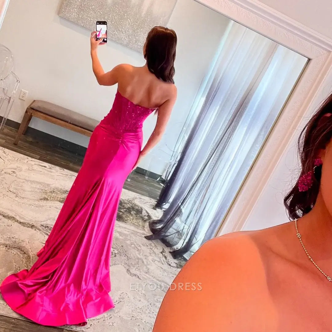 Mermaid Strapless Pink Satin Long formal dresses Bridesmaid Dresses evening gown Prom Dress