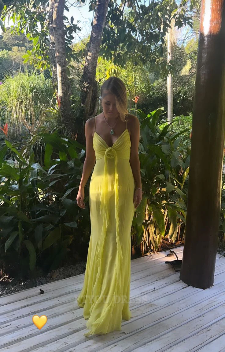 Sheath V-Neck Spaghetti Straps Yellow Ruffle formal dresses Bridesmaid Dresses evening gown Prom Dress