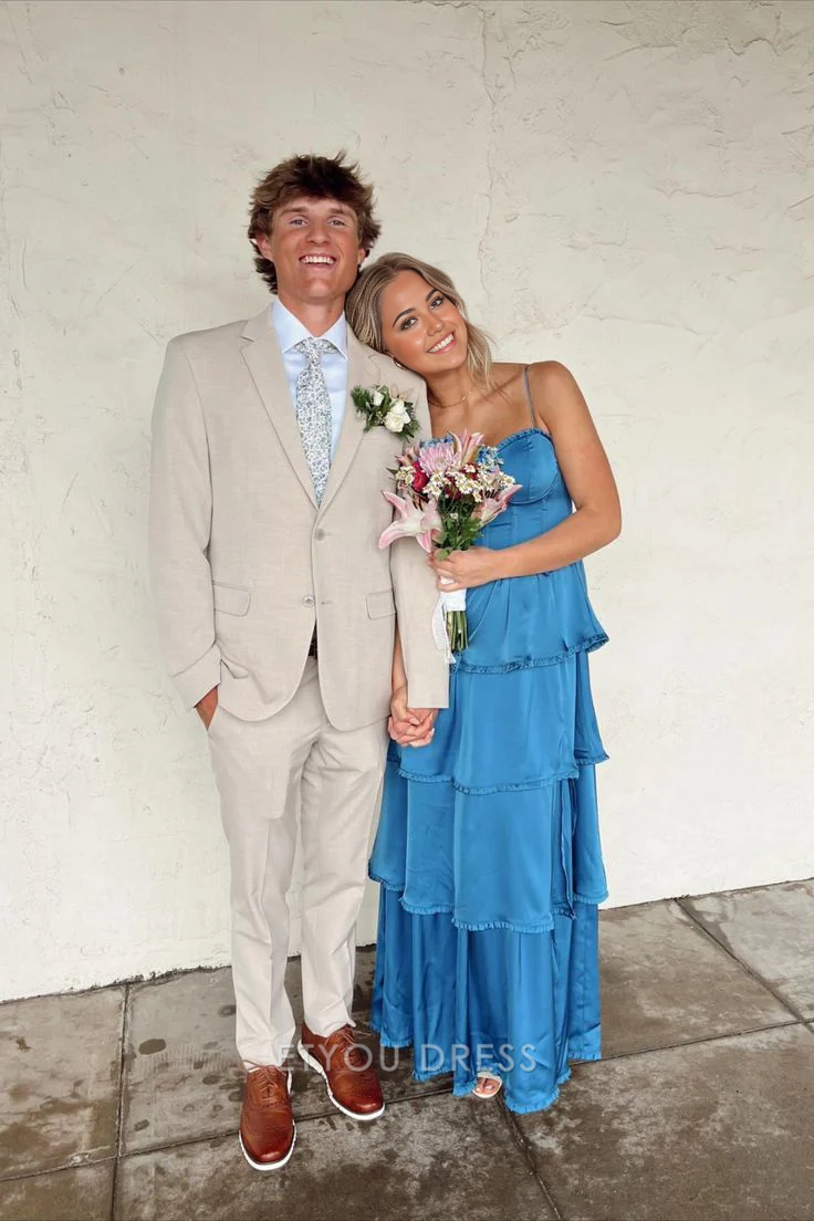 A Line Spaghetti Straps Blue Ruffle Long formal dresses Bridesmaid Dresses evening gown Prom Dress