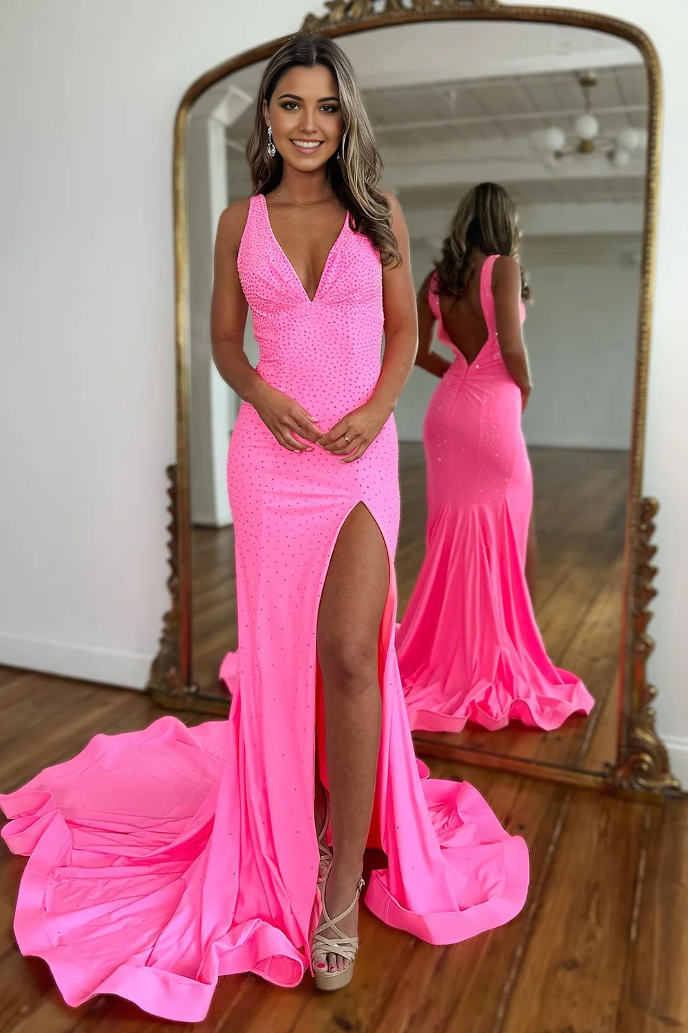 Mermaid Sparkly V-Neck Sweep Train Beaded Pink Prom Dress With Split