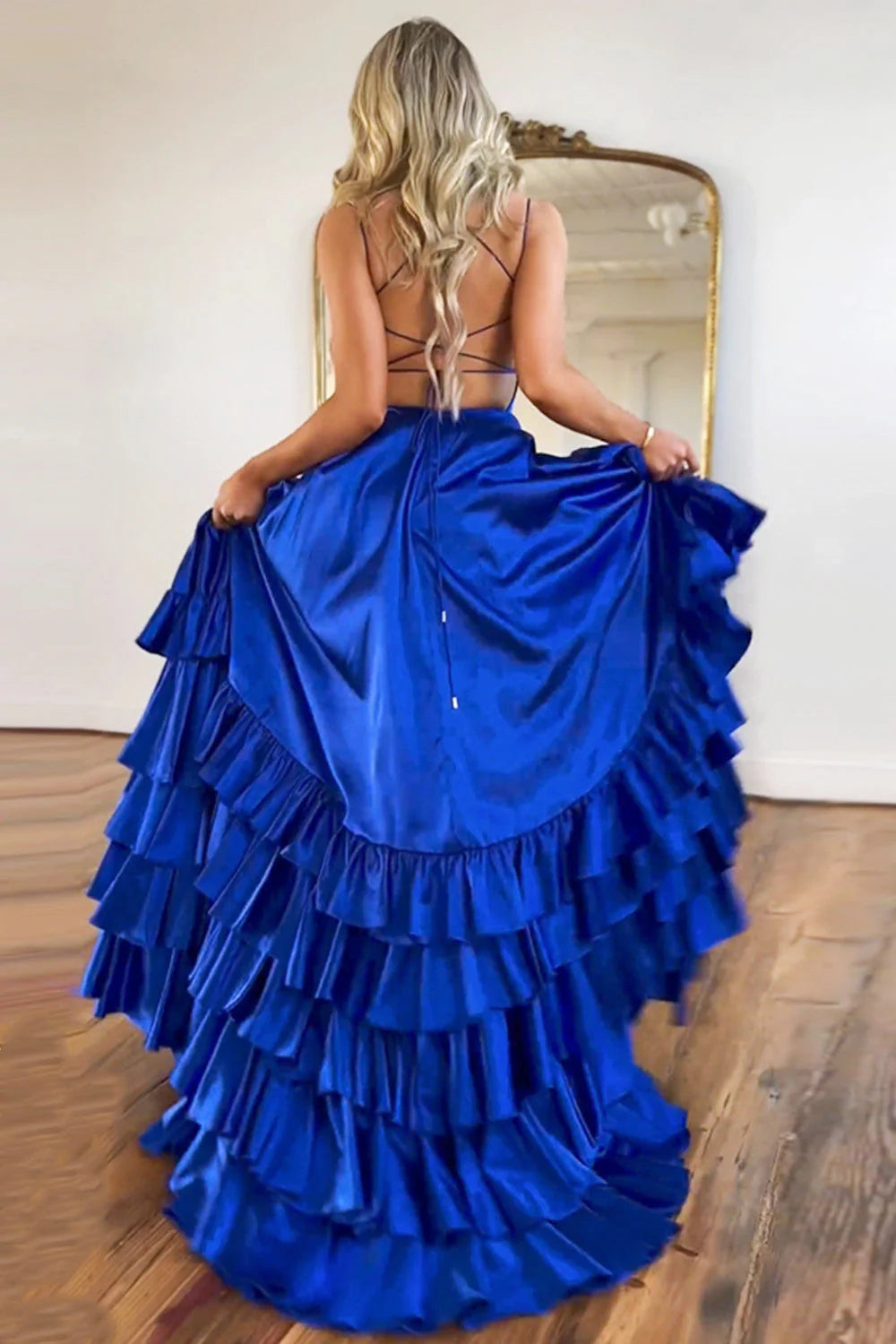 A-Line Spaghetti Straps Lace Blue Satin evening gown Long Prom Dress With Split