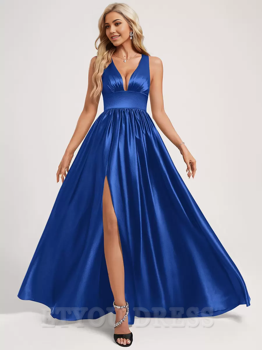 A-line Deep V Floor-Length Zipper Satin formal dresses evening gown Prom Dress