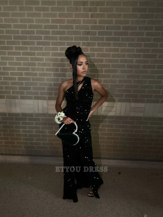 Mermaid One Shoulder Sequin Black formal dresses Bridesmaid Dresses evening gown Prom Dress