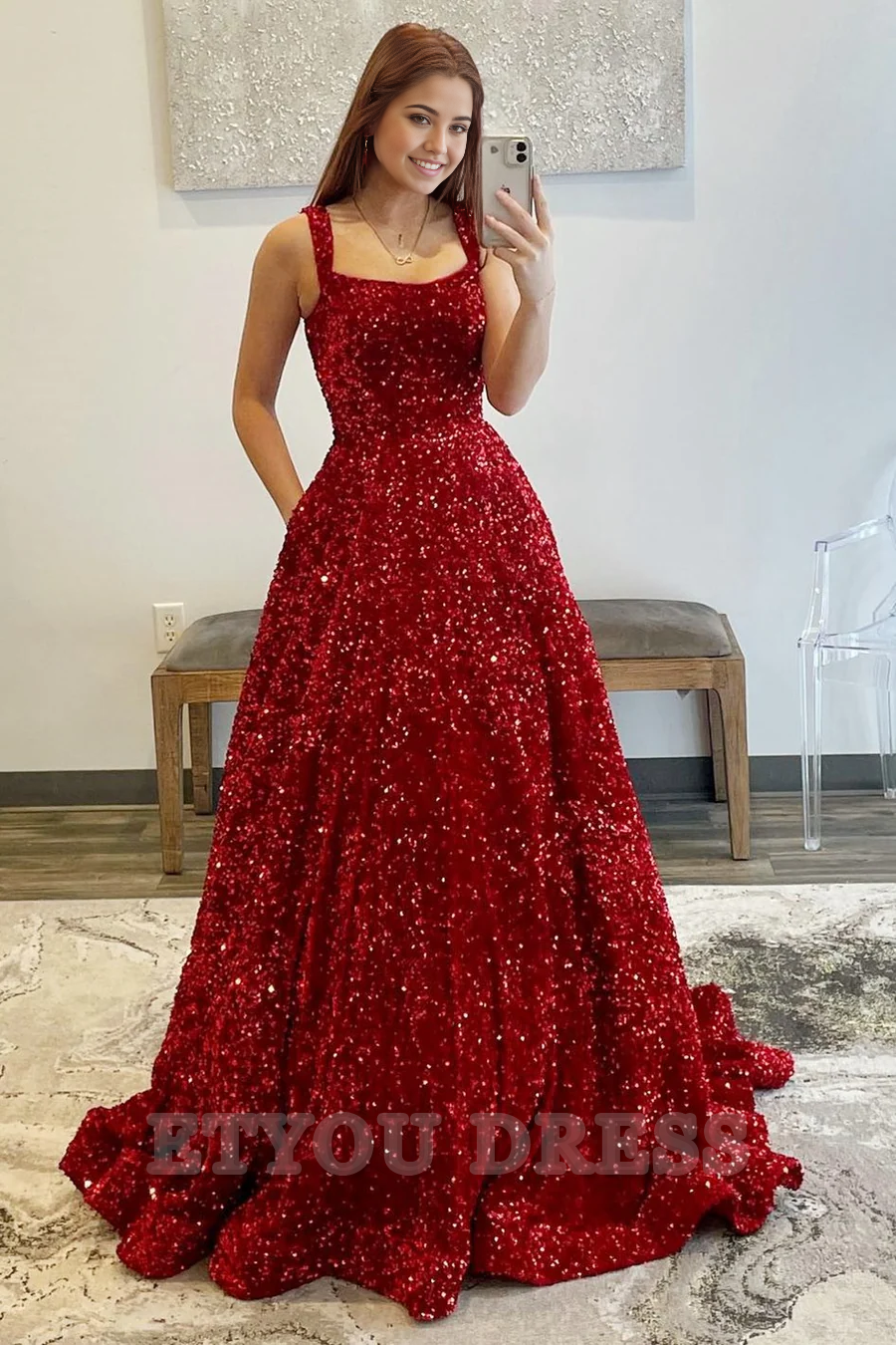A-line Sequin Square Neck Open Back Red formal dresses Bridesmaid Dresses evening gown Prom Dress