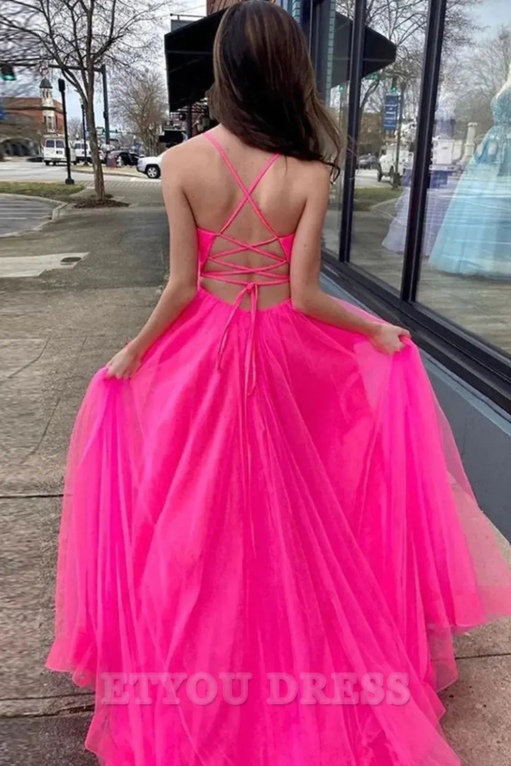 A-Line Tulle Long Hot Pink formal dresses evening gown Prom Dress Homecoming Dress with Pockets