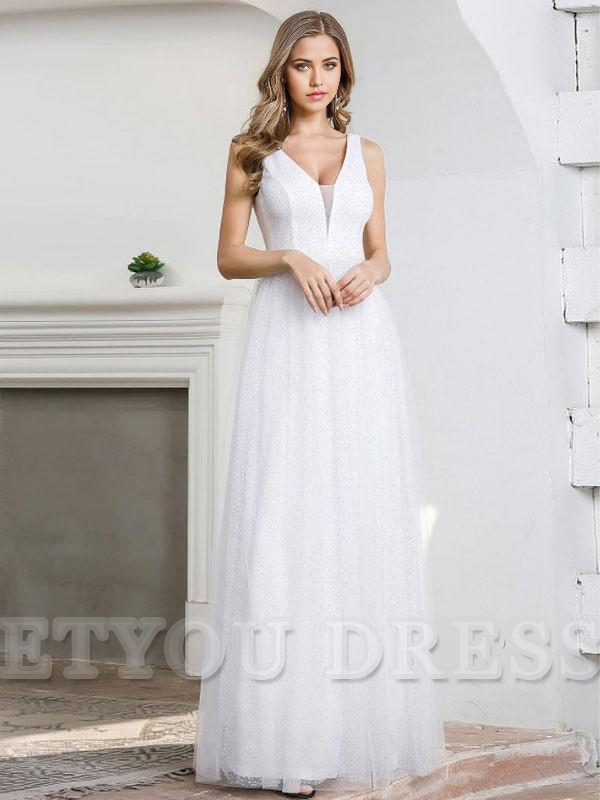 A-Line V-Neck Floor-Length Sleeveless Zipper Satin formal dresses Bridesmaid Dresses evening gown Prom Dress