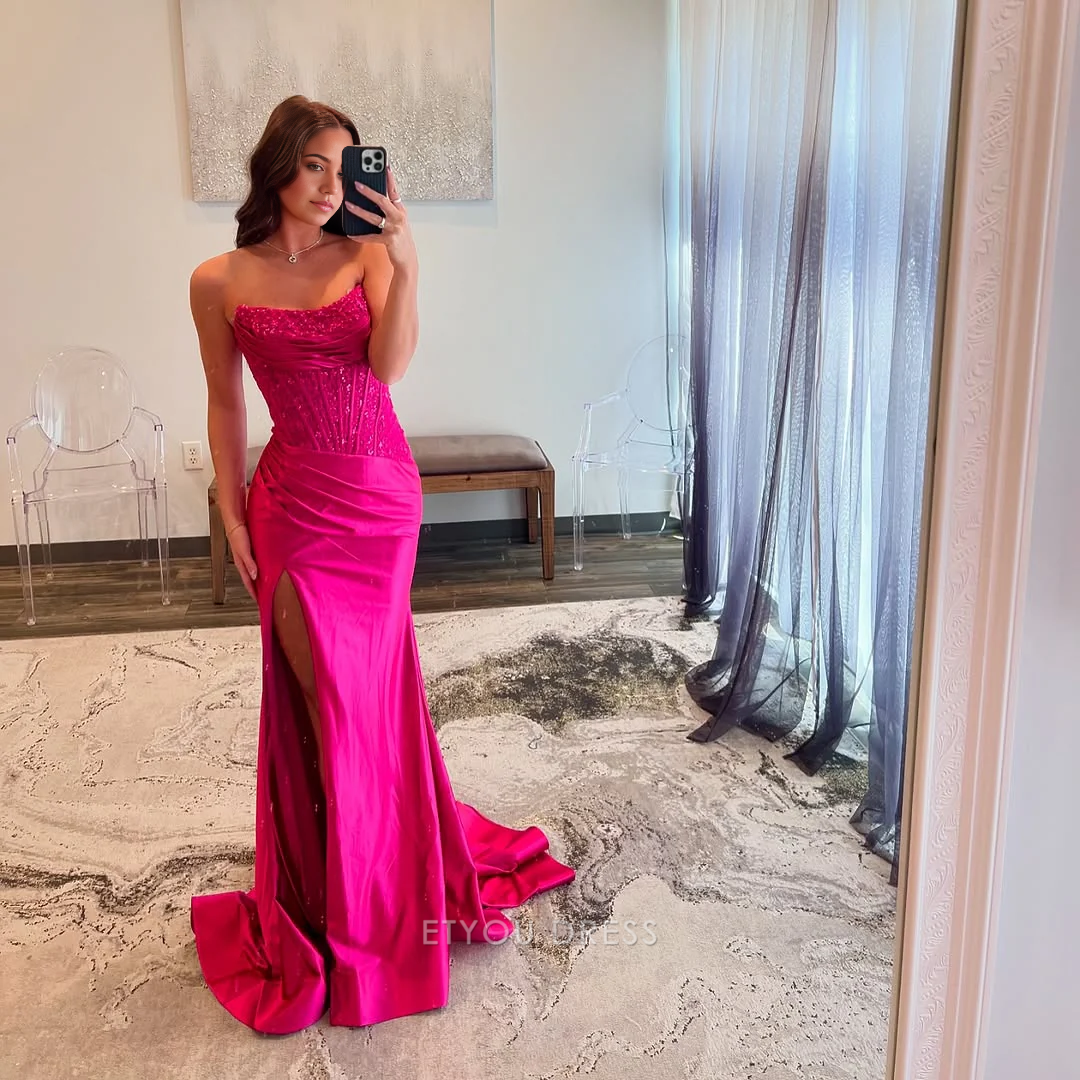 Mermaid Strapless Pink Satin Long formal dresses Bridesmaid Dresses evening gown Prom Dress