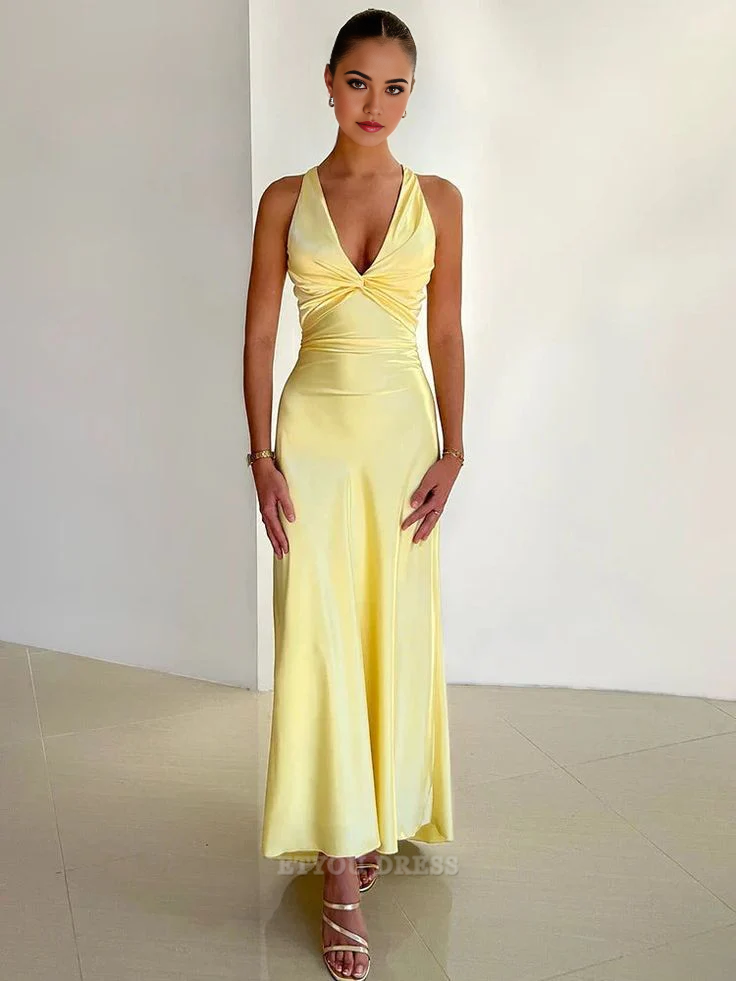 Sheath Elegant V Neck Backless Yellow Long formal dresses Bridesmaid Dresses evening gown Prom Dress