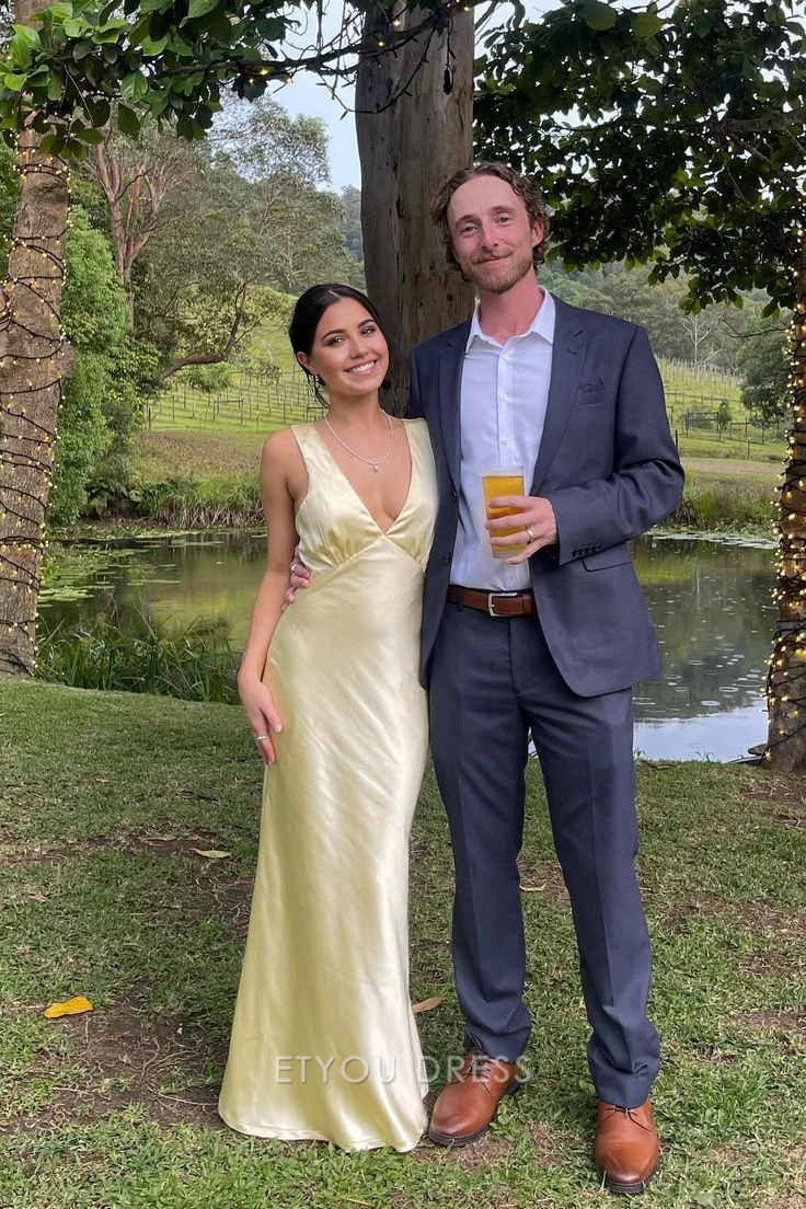 Mermaid V Neck Yellow Satin Long formal dresses Bridesmaid Dresses evening gown Prom Dress