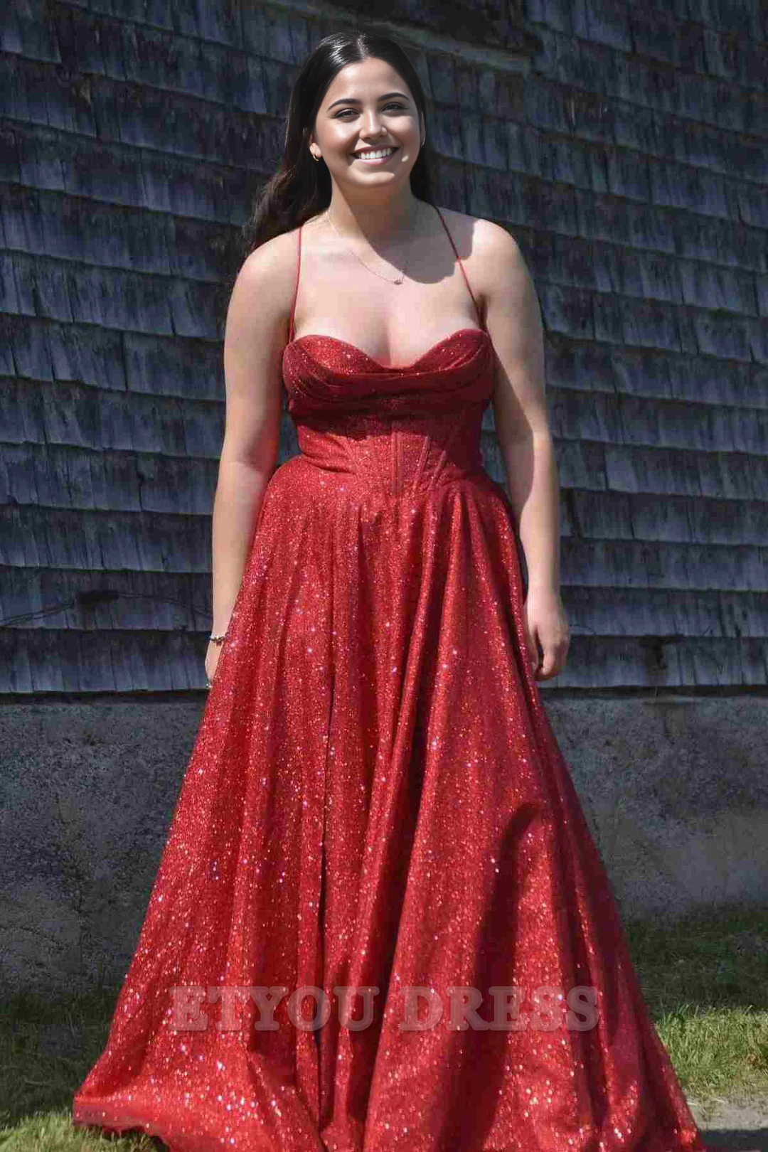 plus size A-Line Spaghetti Straps Glitter Sleeveless Long formal dresses evening gown Prom Dress with Slit