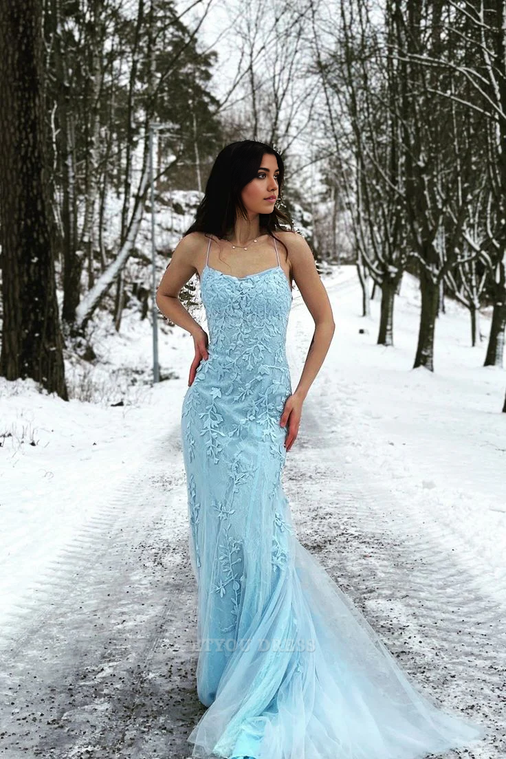 Mermaid Spaghetti Straps Lace Light Blue Long formal dresses Bridesmaid Dresses evening gown Prom Dress