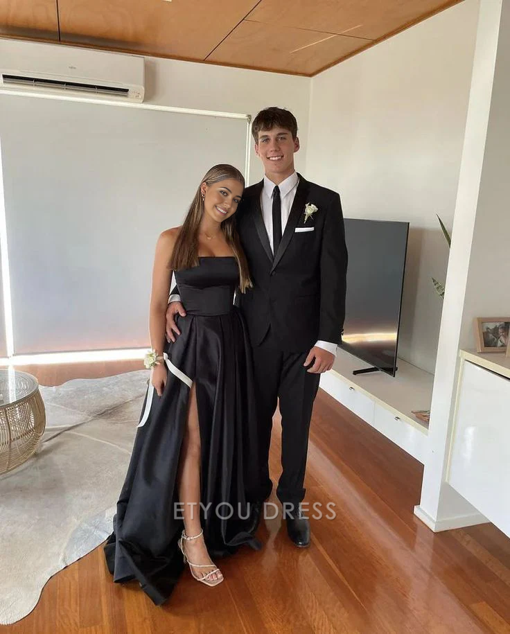 A Line Strapless Black Satin formal dresses Bridesmaid Dresses evening gown Prom Dress With Split