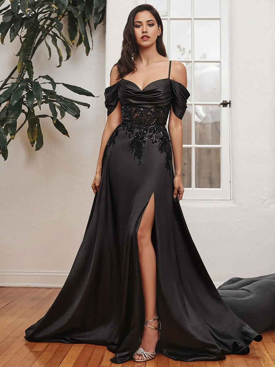 A-Line Square Neck Train Sleeveless Backless Split Front Satin formal dresses Bridesmaid Dresses evening gown Prom Dress