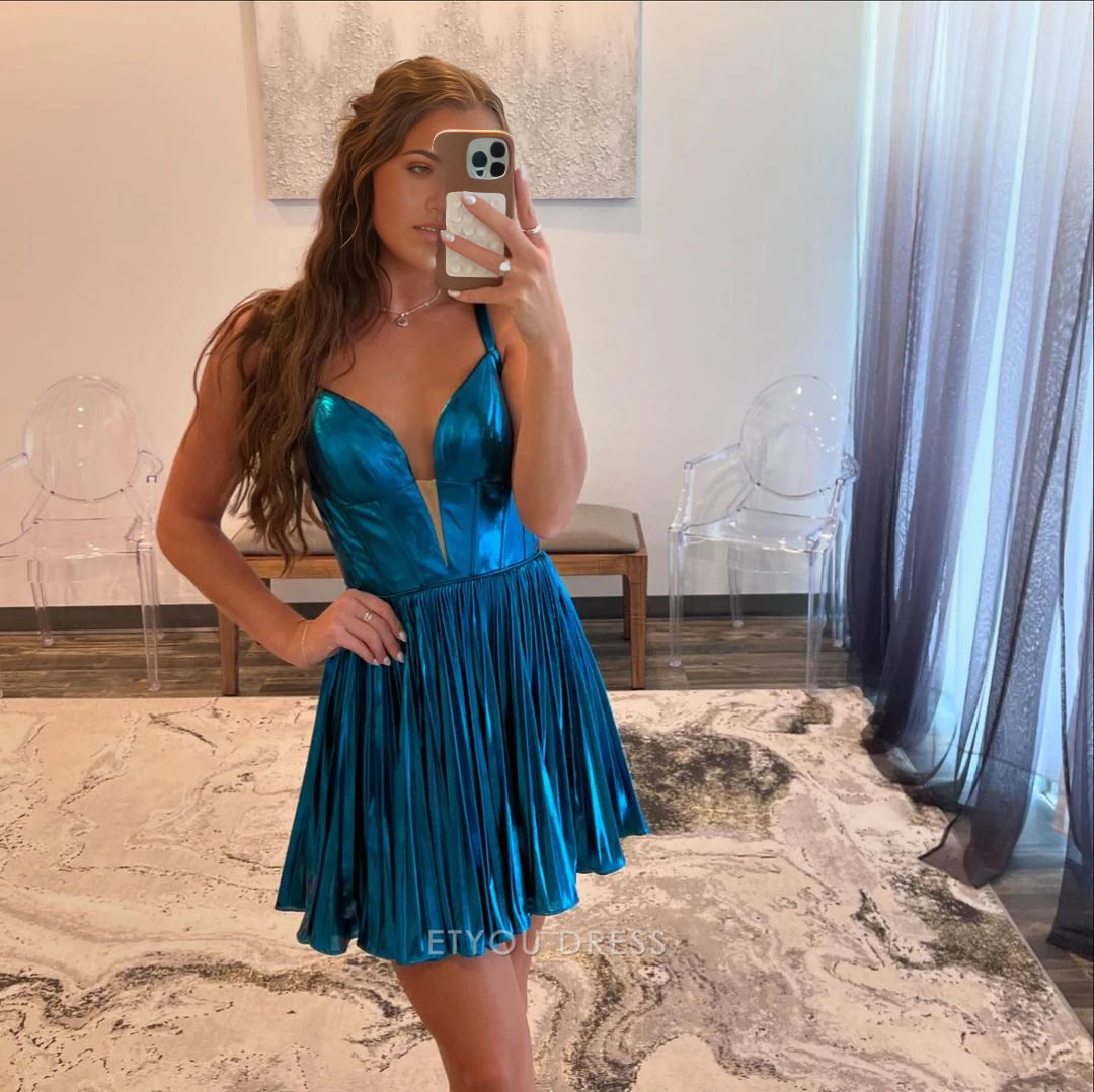 A Line V-Neck Pleated Blue Short formal dresses Bridesmaid Dresses evening gown Prom Dress