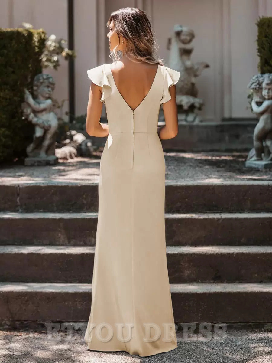 Sheath V-Neck Floor-Length Satin Fabric formal dresses Bridesmaid Dresses evening gown Prom Dress