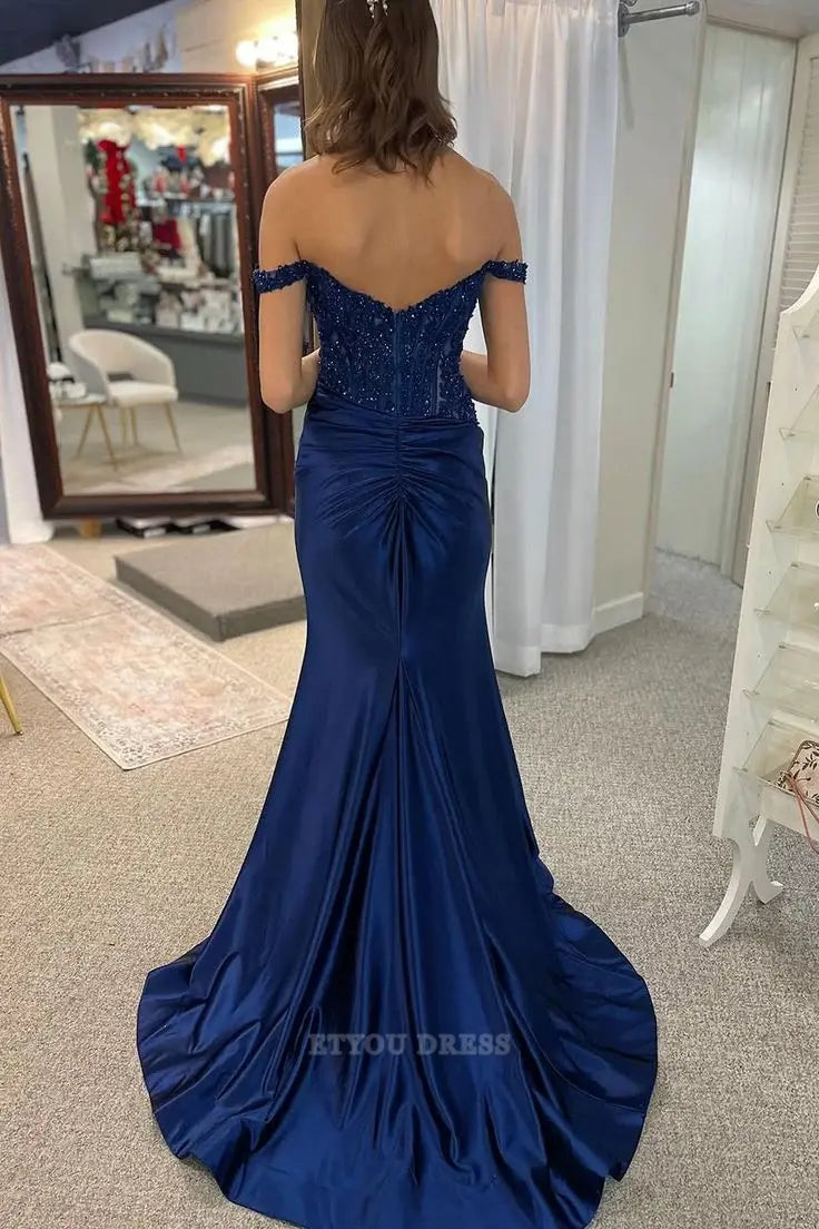 Mermaid Off Shoulder Navy Blue Long formal dresses Bridesmaid Dresses evening gown Prom Dress