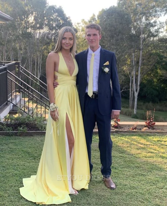 A Line Deep V Neck Yellow Long formal dresses Bridesmaid Dresses evening gown Prom Dress With Slit