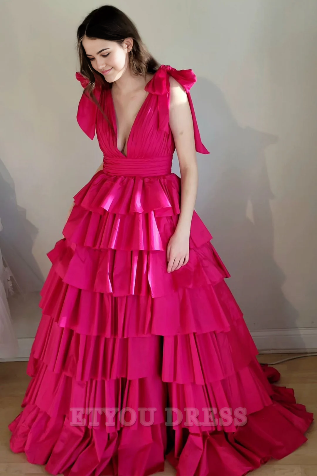 A-line Plunge V Ruffle Tiered Ball Gown Black formal dresses evening gown Prom Dress with Slit