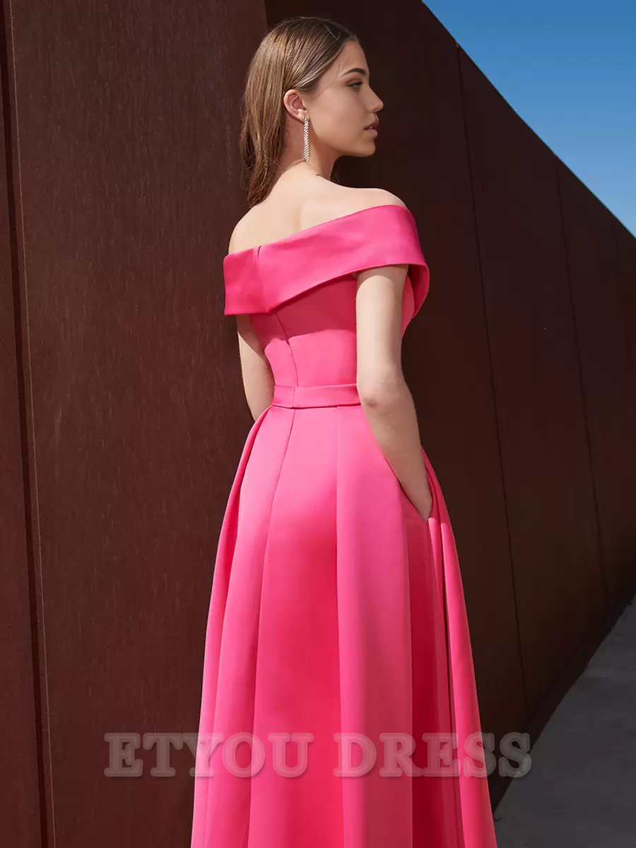 A-Line Off-The-Shoulder Train Sleeveless Zipper Pleated Satin formal dresses Bridesmaid Dresses evening gown Prom Dress