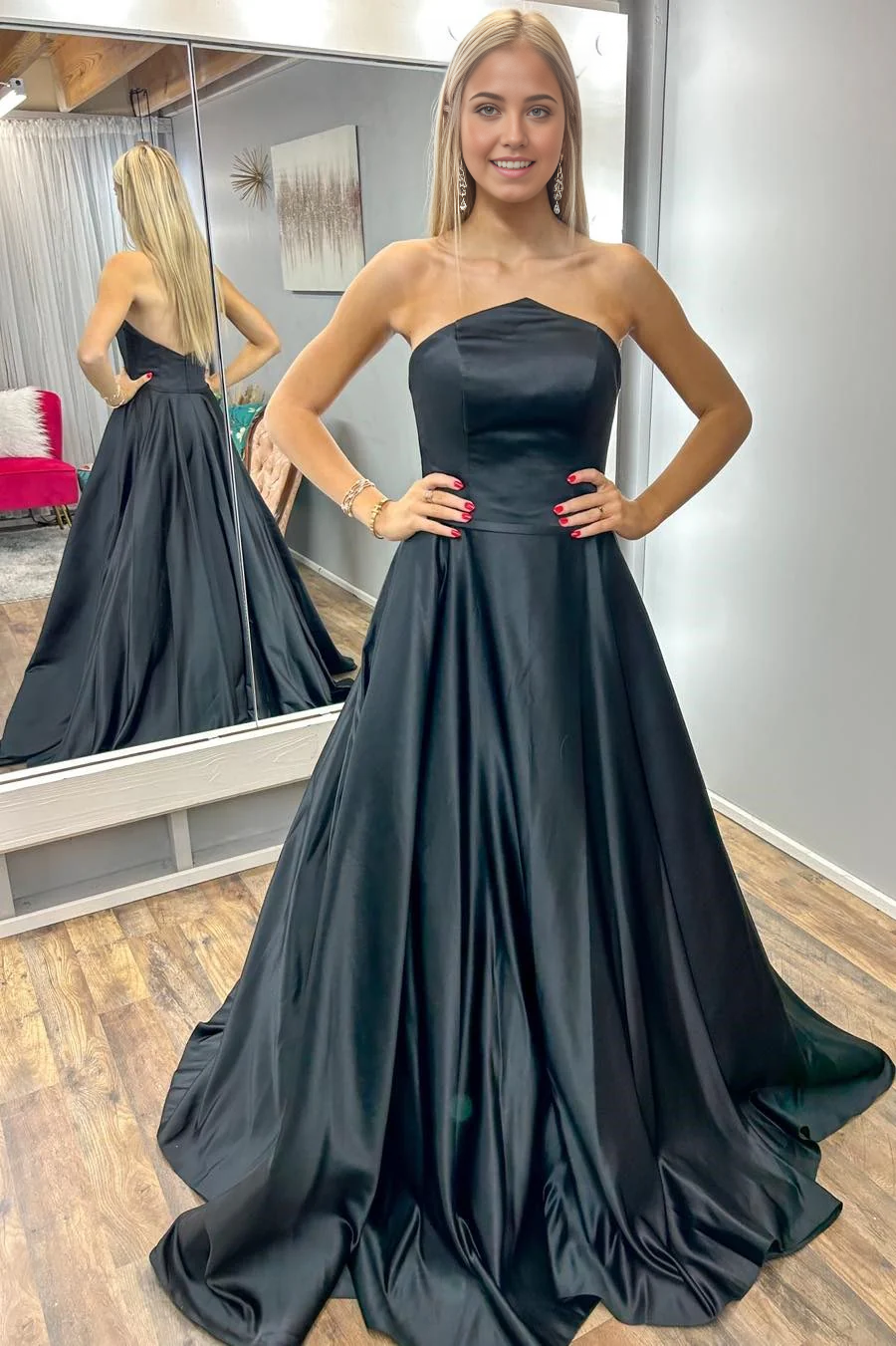 A-Line Simple Black Strapless Long formal dresses Bridesmaid Dresses evening gown Prom Dress