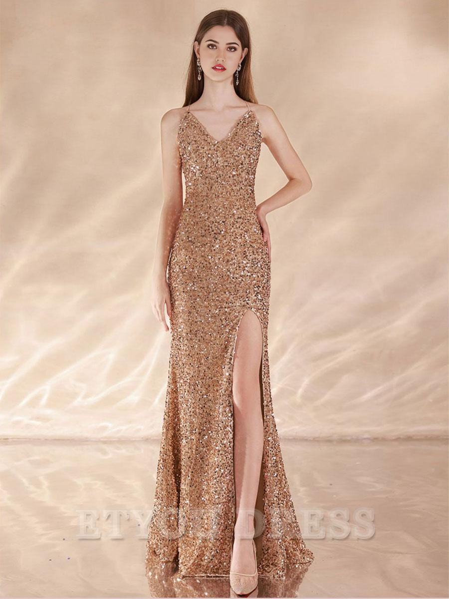 Mermaid V-Neck Sequined Sweep Sequins formal dresses Bridesmaid Dresses evening gown Prom Dress
