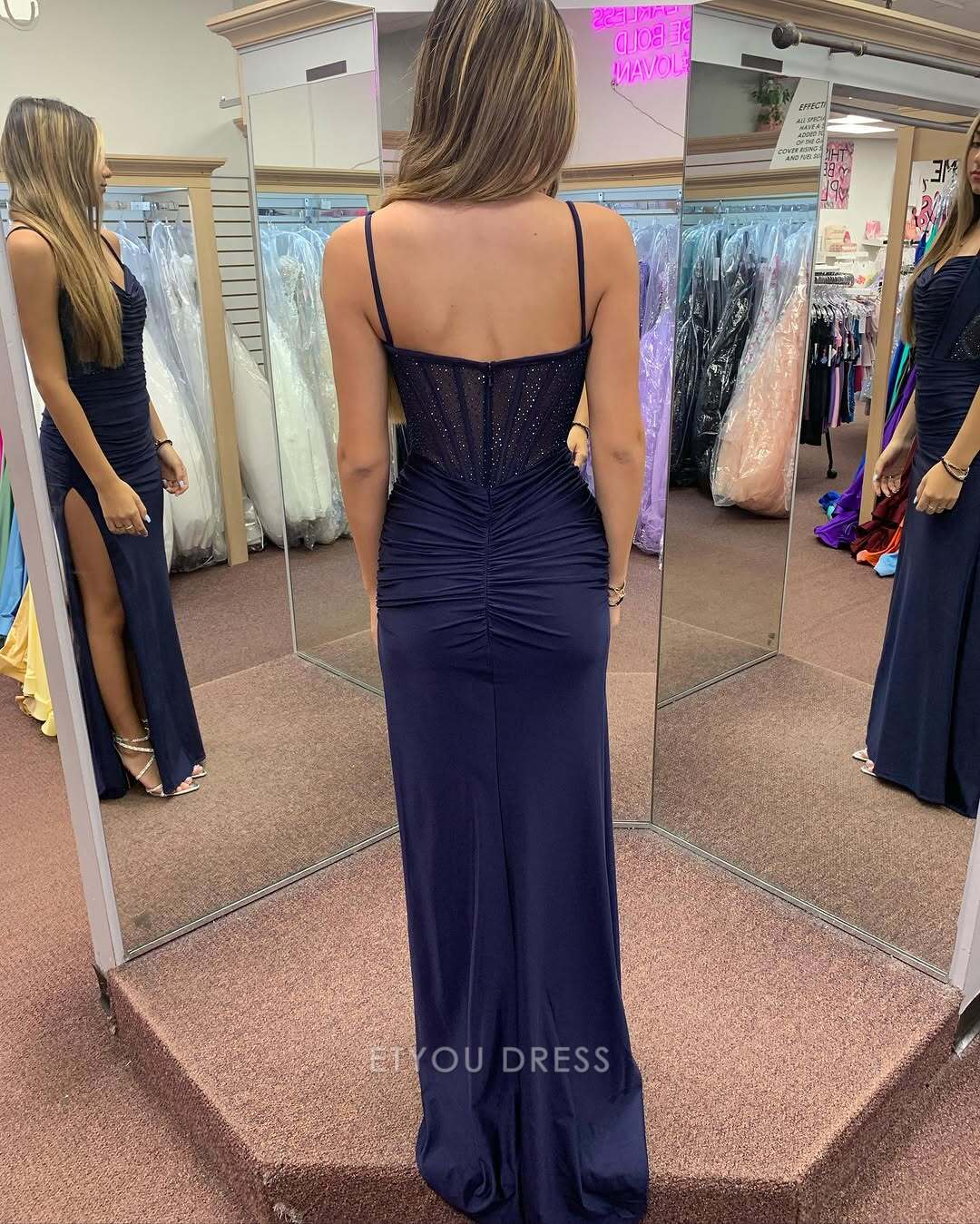 Mermaid Spaghetti Straps Navy Blue Long formal dresses Bridesmaid Dresses evening gown Prom Dress With Slit