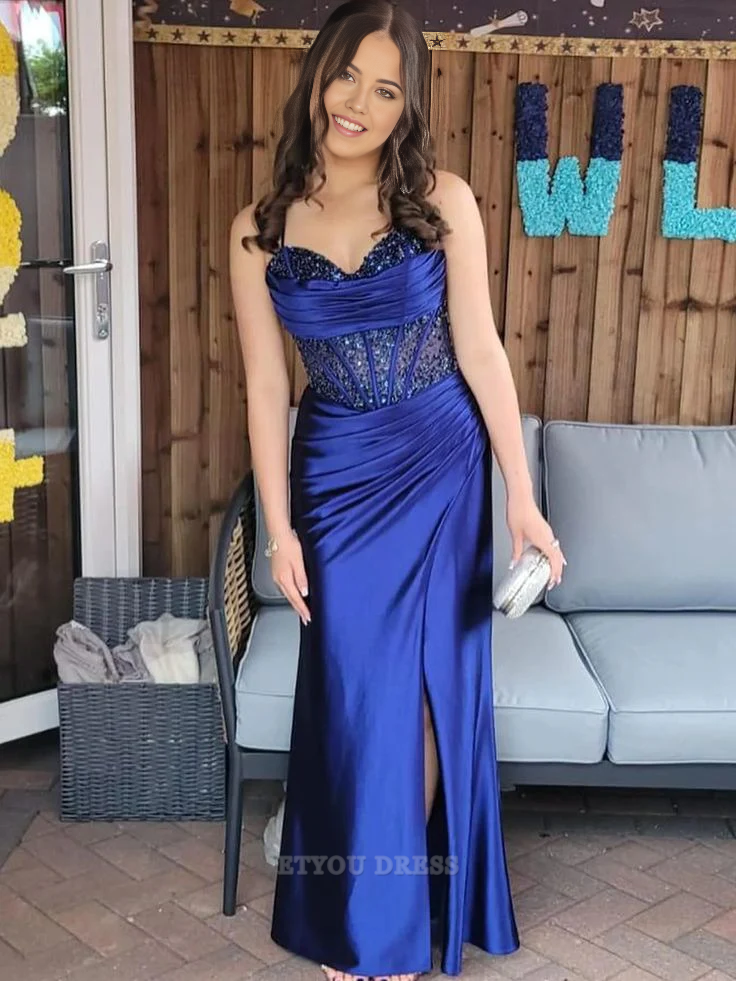 Mermaid Spaghetti Straps Sweetheart Satin Long formal dresses Bridesmaid Dresses evening gown Prom Dress