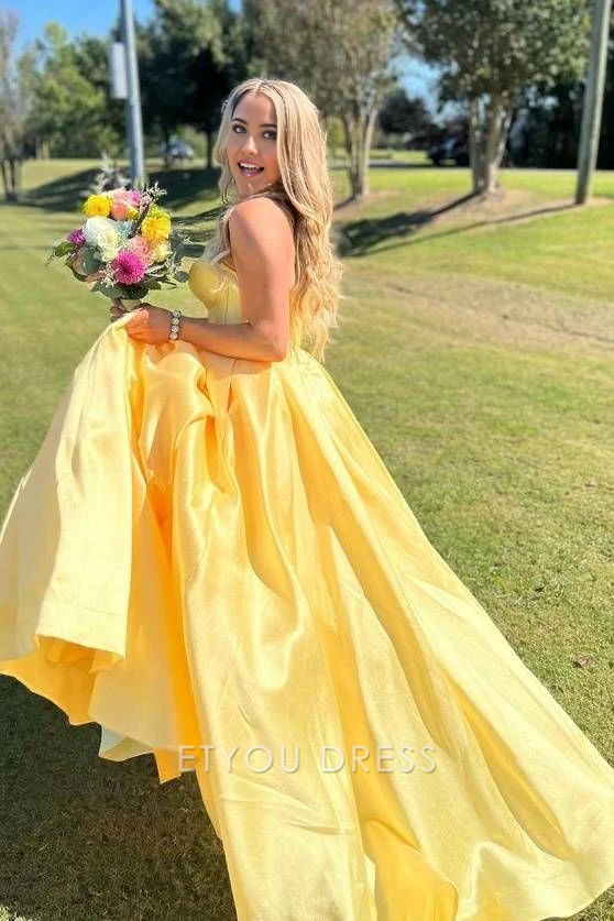 A Line Sweetheart Corset Satin Yellow formal dresses Bridesmaid Dresses evening gown Prom Dress