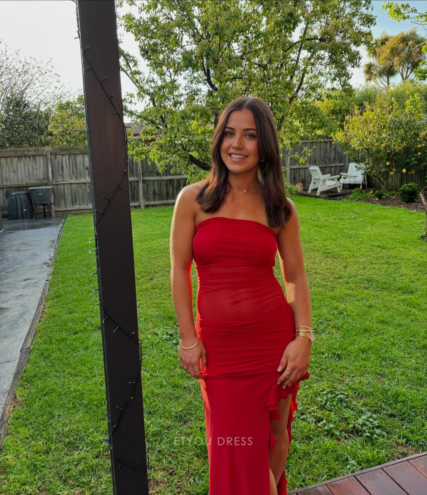 Sheath Strapless Red Ruffle formal dresses Bridesmaid Dresses evening gown Prom Dress With Slit