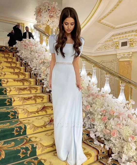 A Line Square Neck Short Sleeve Blue formal dresses Bridesmaid Dresses evening gown Prom Dress Cocktail Dresses