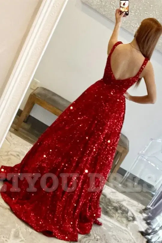 A-line Sequin Square Neck Open Back Red formal dresses Bridesmaid Dresses evening gown Prom Dress