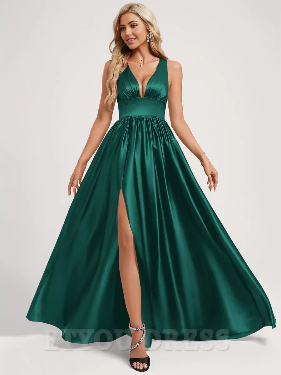 A-line Deep V Floor-Length Zipper Satin formal dresses evening gown Prom Dress