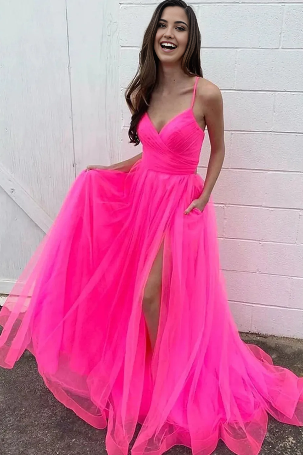 A-Line Tulle Long Hot Pink formal dresses evening gown Prom Dress Homecoming Dress with Pockets