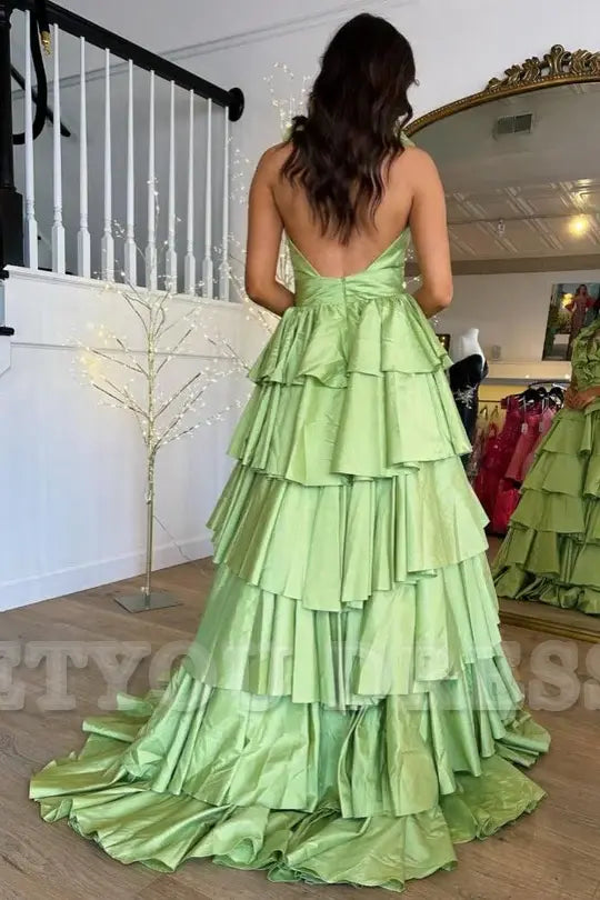 A-Line Halter Ruffle Green Long formal dresses evening gown Prom Dress with Slit