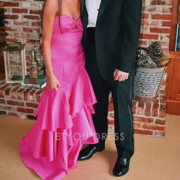 Mermaid Strapless Tiered Pink Long Satin formal dresses Bridesmaid Dresses evening gown Prom Dress