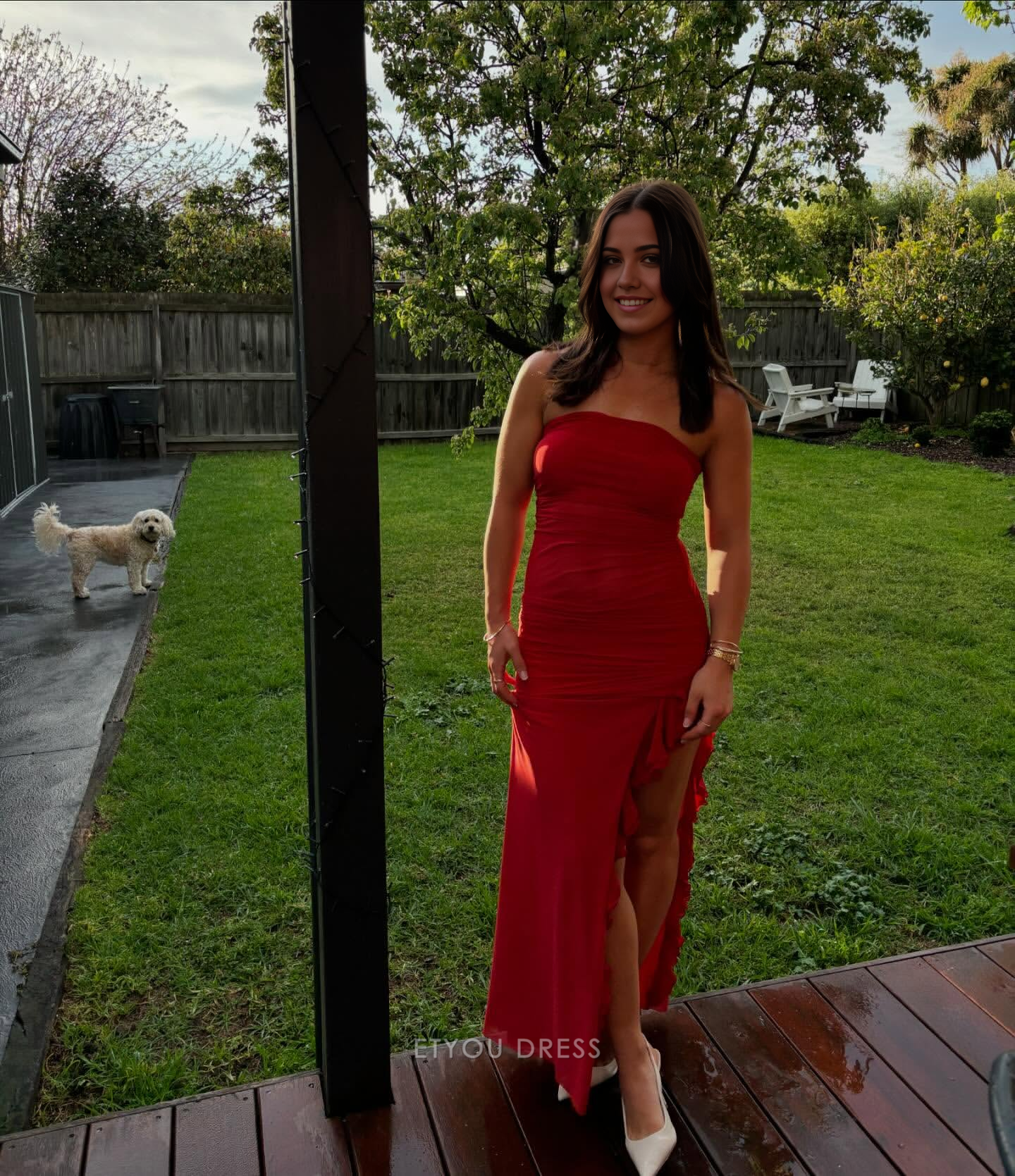 Sheath Strapless Red Ruffle formal dresses Bridesmaid Dresses evening gown Prom Dress With Slit