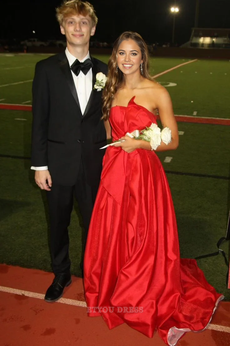 A Line Strapless Satin Red Long formal dresses Bridesmaid Dresses evening gown Prom Dress