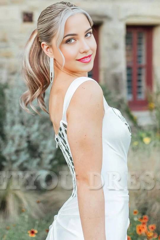 Sheath One Shoulder Square Neck Mirror-Cut Sequins White formal dresses evening gown Prom Dress with Slit