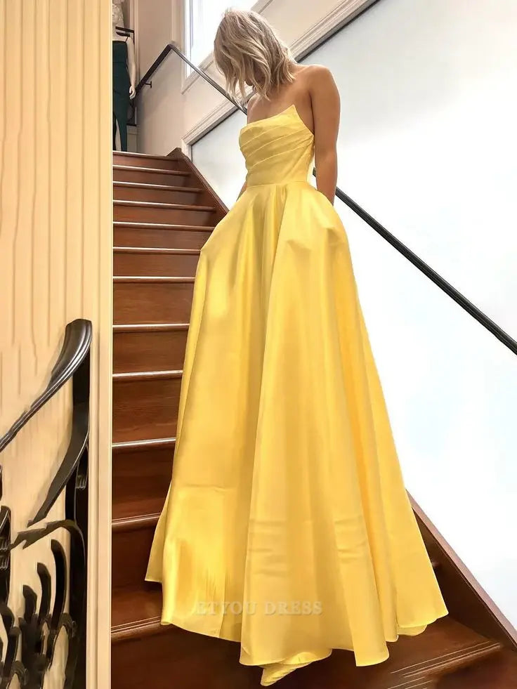 A-line Strapless Yellow Satin Long formal dresses Bridesmaid Dresses evening gown Prom Dress