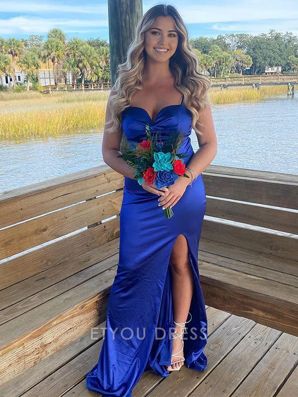 Mermaid Spaghetti Straps Sexy Royal Blue Side Slit Long formal dresses Bridesmaid Dresses evening gown Prom Dress