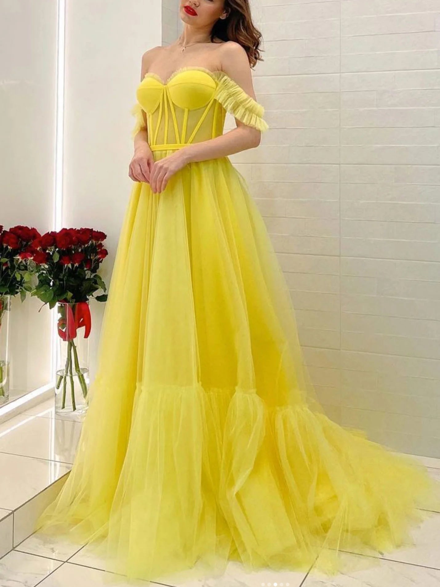 Off shoulder tulle long prom dress