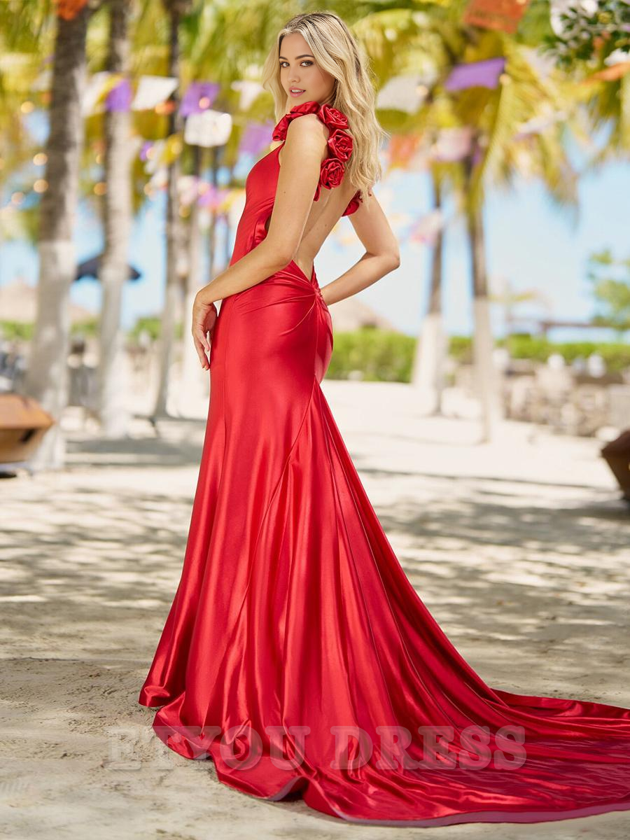 Mermaid V-Neck Court Train Sleeveless Backless Flowers Satin formal dresses Bridesmaid Dresses evening gown Prom Dress