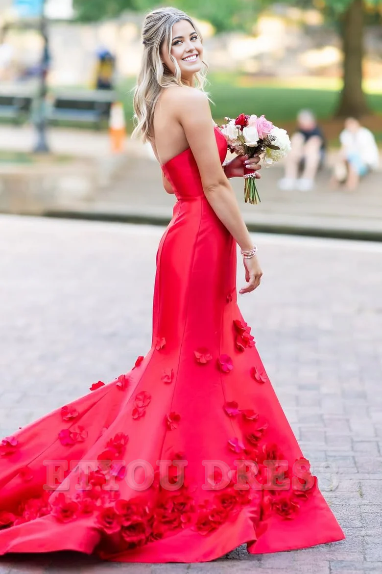 Mermaid Strapless Sleeveless Appliques Pink Long Formal formal dresses evening gown Prom Dress