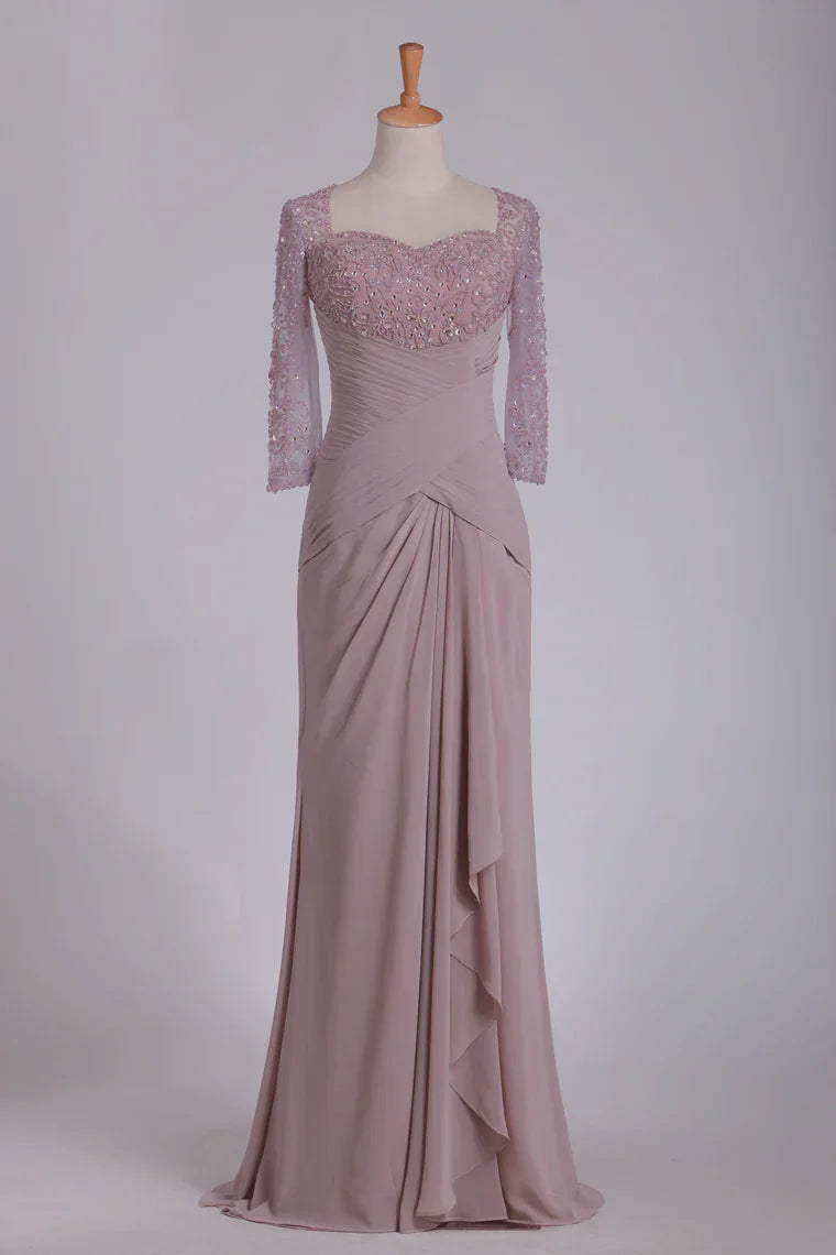 Beaded Ruched 3/4 Length Sleeves Sheath Chiffon Mother Of The Bride Dresses