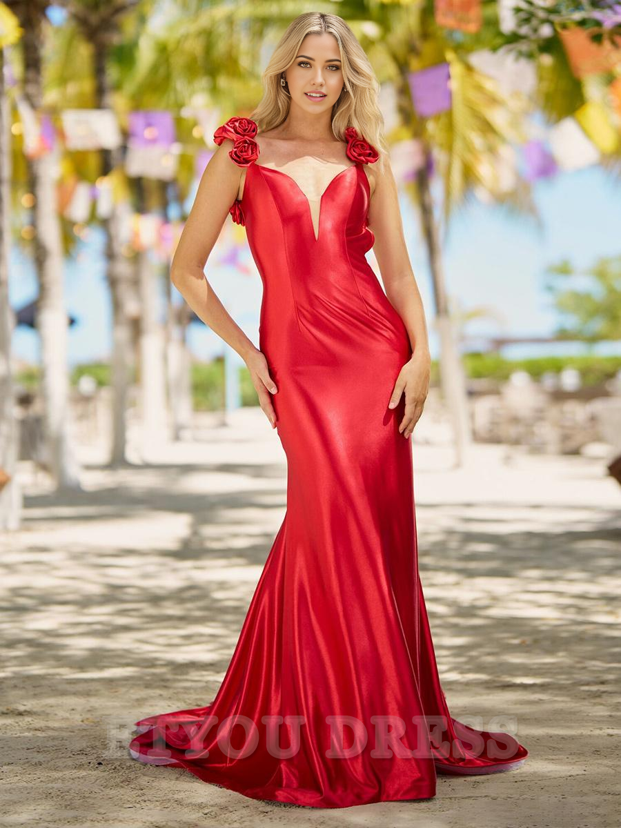 Mermaid V-Neck Court Train Sleeveless Backless Flowers Satin formal dresses Bridesmaid Dresses evening gown Prom Dress