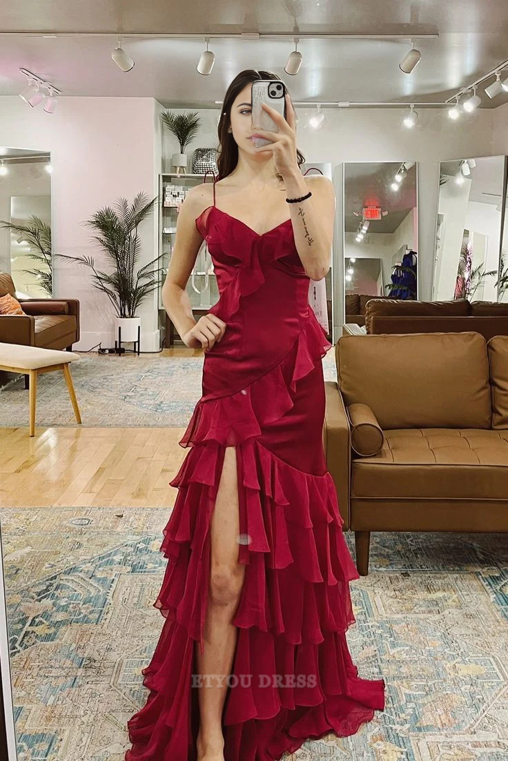 Mermaid Ruffle Tiered Red Long formal dresses Bridesmaid Dresses evening gown Prom Dress