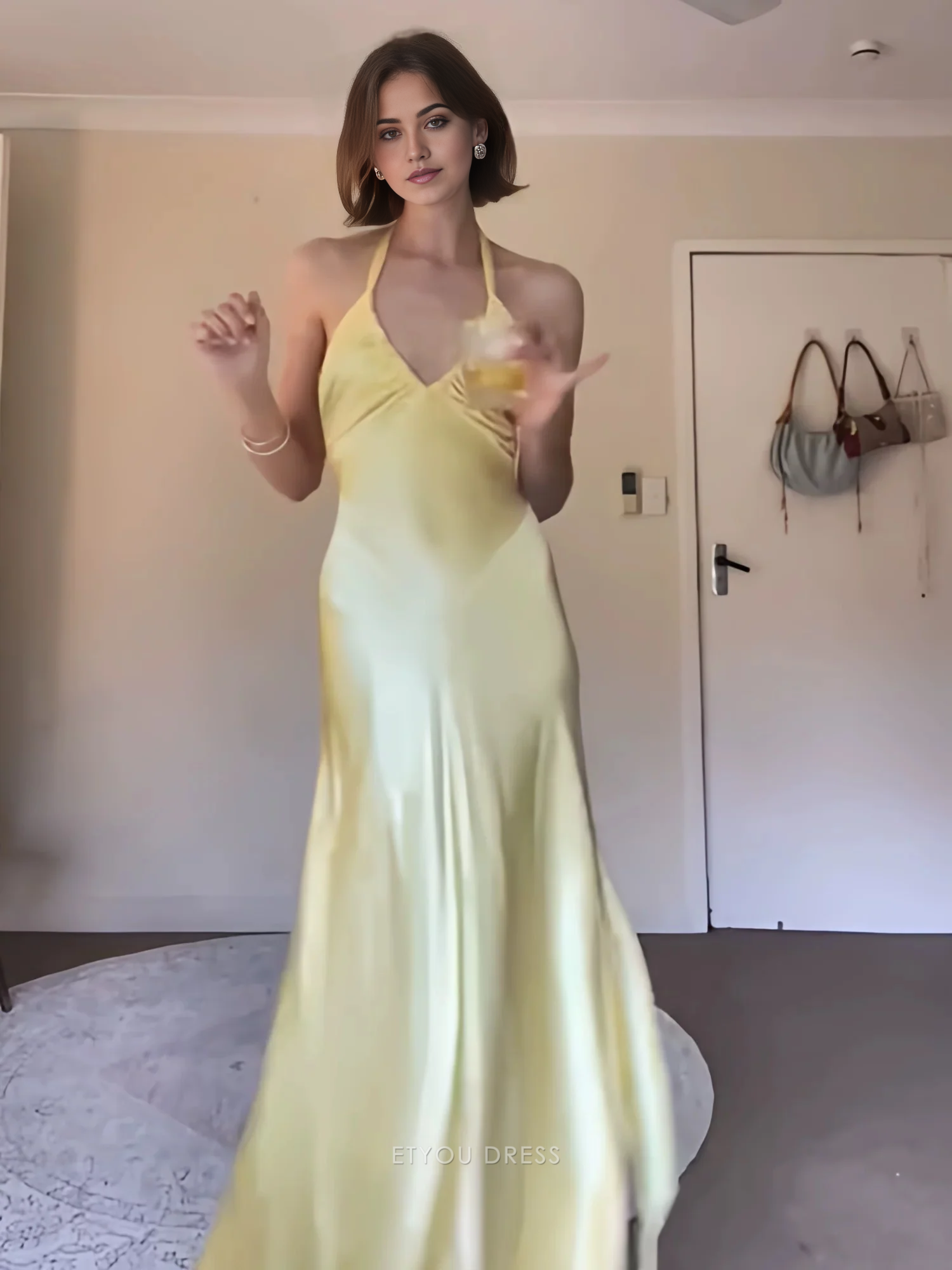 Mermaid Halter Backless Satin Yellow formal dresses Bridesmaid Dresses evening gown Prom Dress