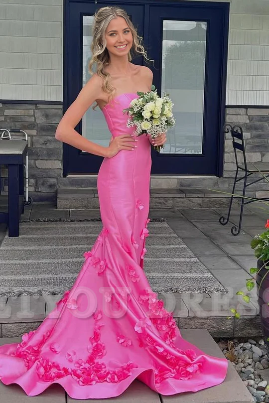 Mermaid Strapless Sleeveless Appliques Pink Long Formal formal dresses evening gown Prom Dress